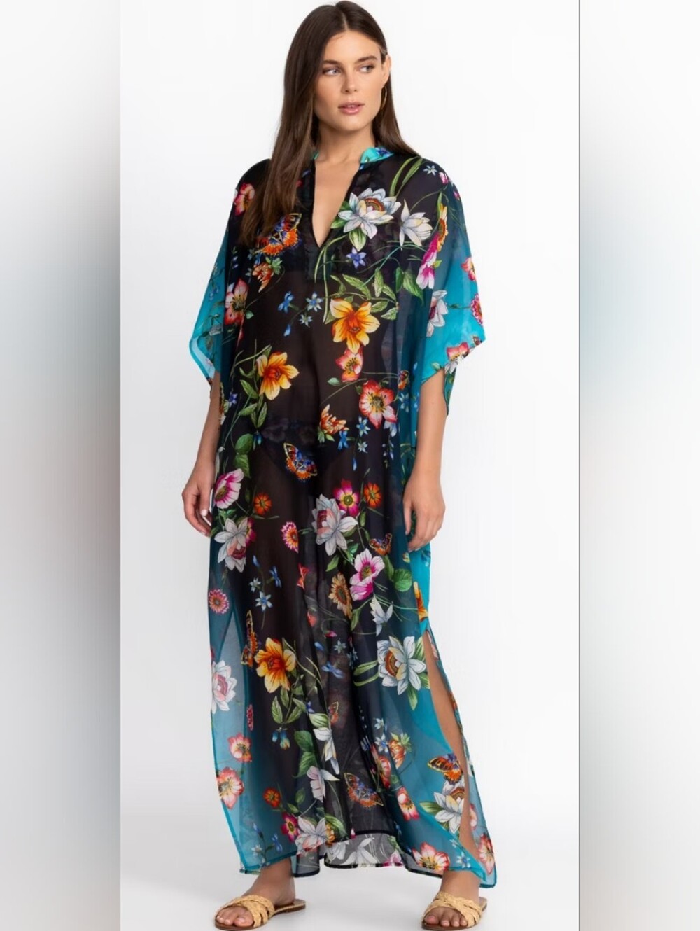 Johnny Was Ombre Black Garden Floral Kaftan Muumuu Maxi Dress
